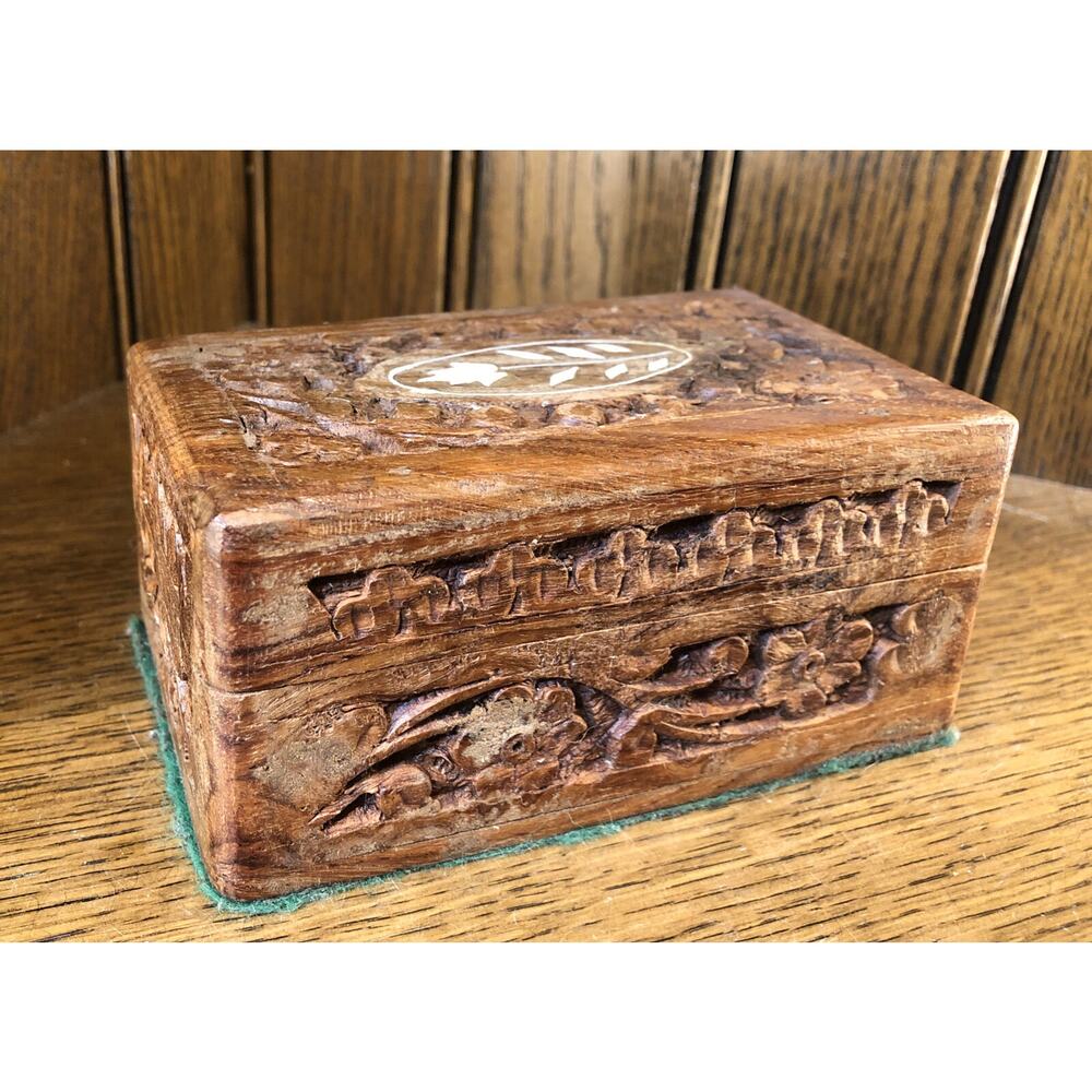 Vintage Handmade Wood Jewelry Box w Inlaid FlowerEmbossed Antique Chinese Ornate
